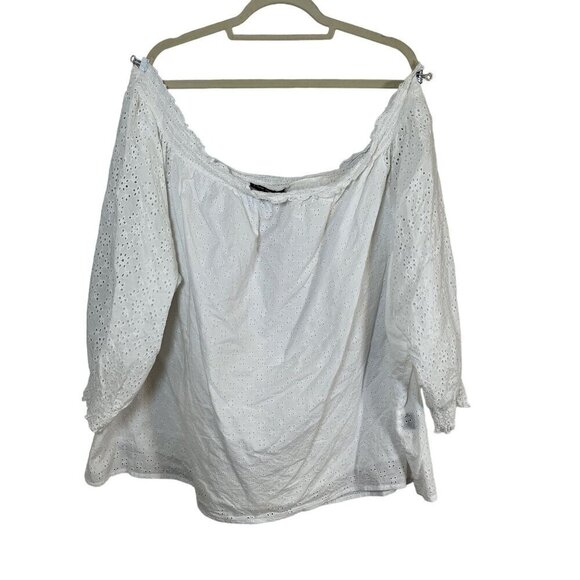Lane Bryant Milkmaid Top 3X White Off Shoulder Smock Eyelet Neutral Coquette 80s - Picture 2 of 14